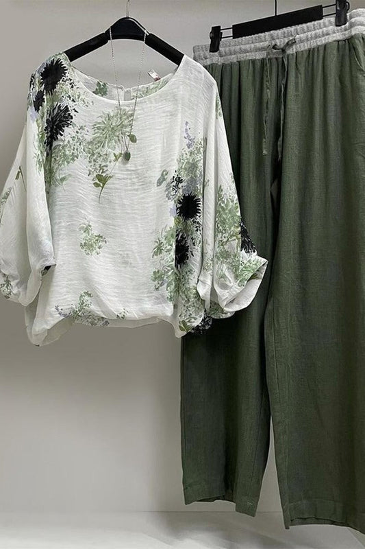 Women’s Two-Piece Set – Relaxed Fit Blouse and Pants – Cotton – Batwing Sleeves – Drawstring Waist