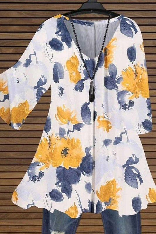 Women’s Tunic Blouse – Relaxed Fit – V-Neck – Half Sleeve – Floral Print – Breathable Blend