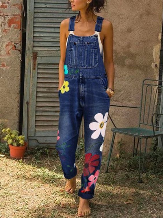 Women's Overall Jumpsuit - Denim - Relaxed Flowing Silhouette - Floral Print