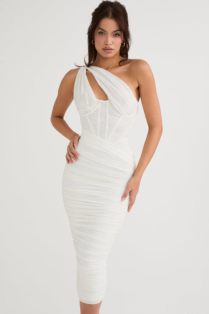 Women’s Midi Dress – Slim Fit – Asymmetric Neckline – Corset Waist – Ruched Detail