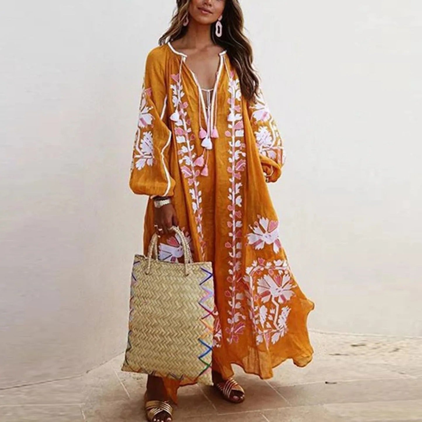 Women's Maxi Dress - Embroidered Bohemian Style - Long Sleeve - V-Neck Tassel Tie