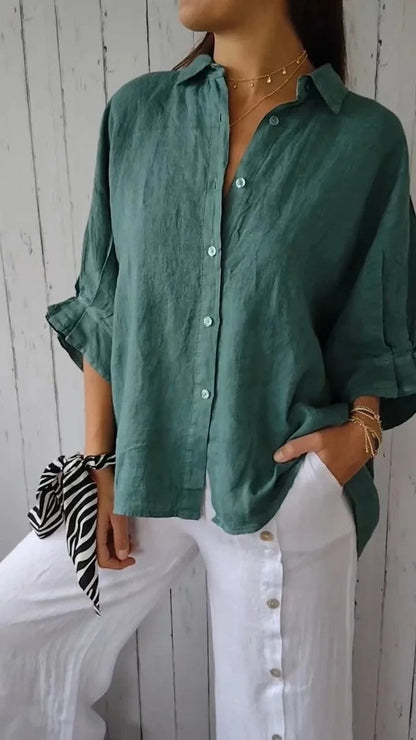 Women’s Button-Up Shirt – 100% Linen – Relaxed Fit – Long Sleeve – Pointed Collar