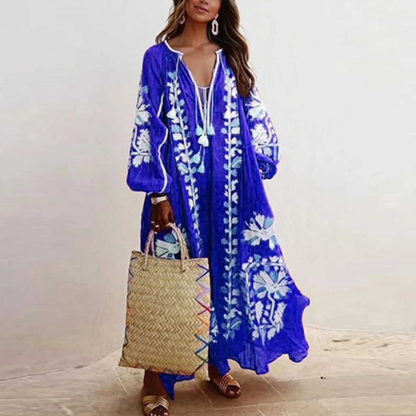 Women's Maxi Dress - Embroidered Bohemian Style - Long Sleeve - V-Neck Tassel Tie