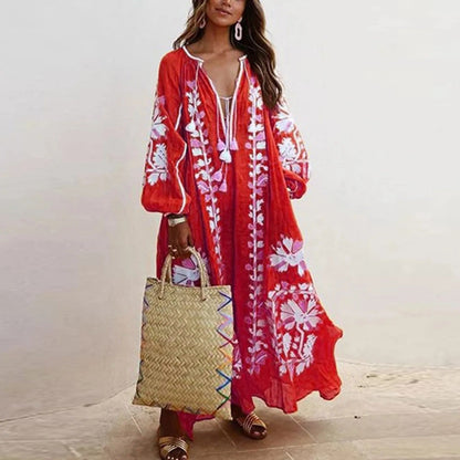 Women's Maxi Dress - Embroidered Bohemian Style - Long Sleeve - V-Neck Tassel Tie