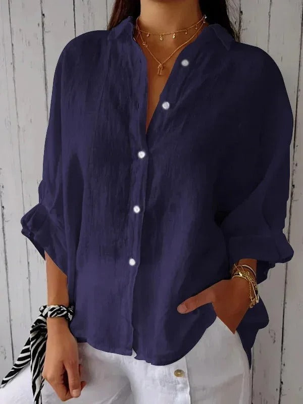 Women’s Button-Up Shirt – 100% Linen – Relaxed Fit – Long Sleeve – Pointed Collar