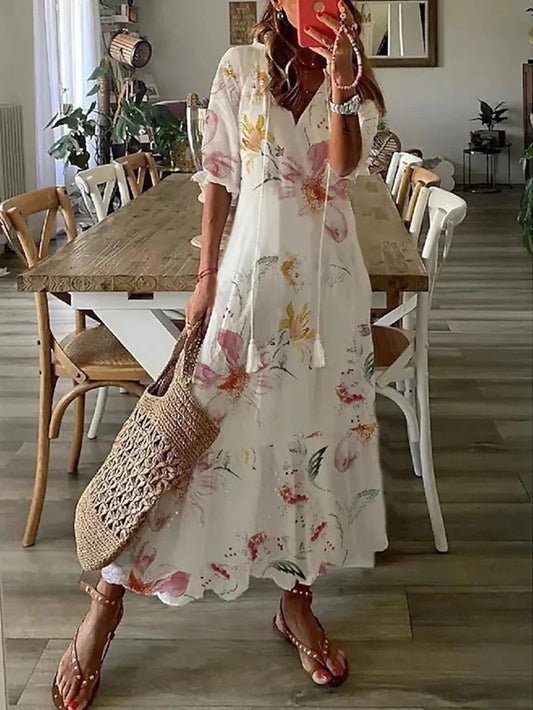 Women's Maxi Dress - Floral Print - Short Sleeve - V-Neck Boho Casual Wear