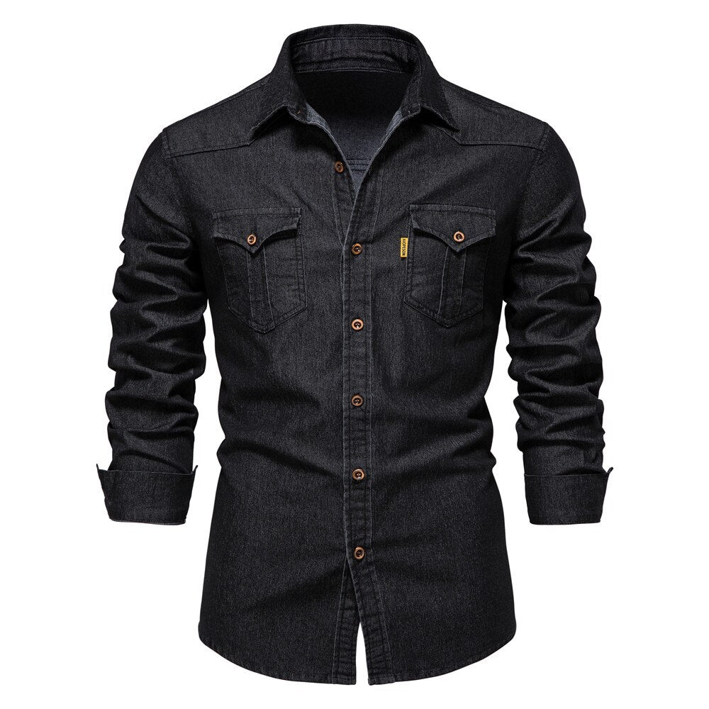Men’s Denim Shirt – Slim Fit – Button-Down – Chest Pockets – Breathable Cotton
