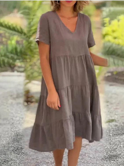 Women's Midi Dress - Tiered Design - V-Neck - Short Sleeves - Loose Fit Breathable