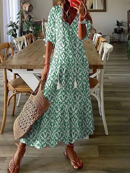 Women's Maxi Dress - Floral Print - Short Sleeve - V-Neck Boho Casual Wear