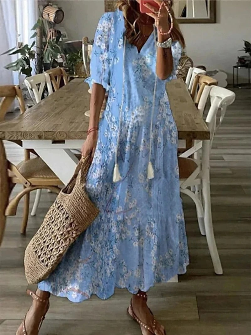 Women's Maxi Dress - Floral Print - Short Sleeve - V-Neck Boho Casual Wear