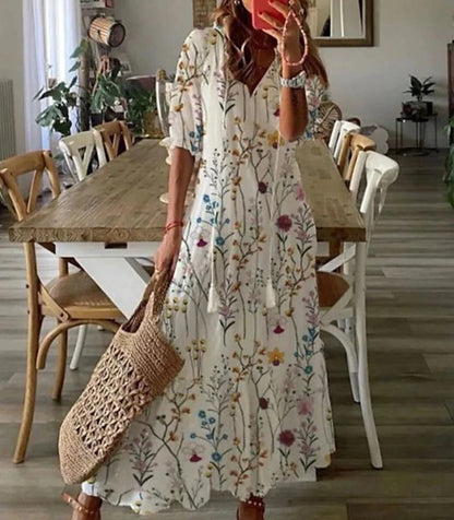 Women's Maxi Dress - Floral Print - Short Sleeve - V-Neck Boho Casual Wear