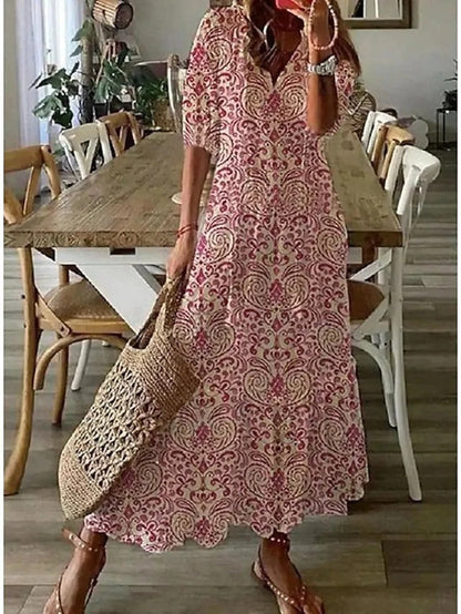 Women's Maxi Dress - Floral Print - Short Sleeve - V-Neck Boho Casual Wear