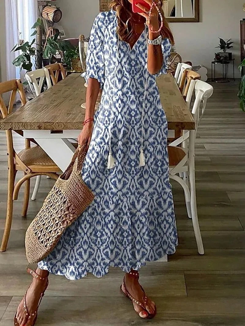 Women's Maxi Dress - Floral Print - Short Sleeve - V-Neck Boho Casual Wear