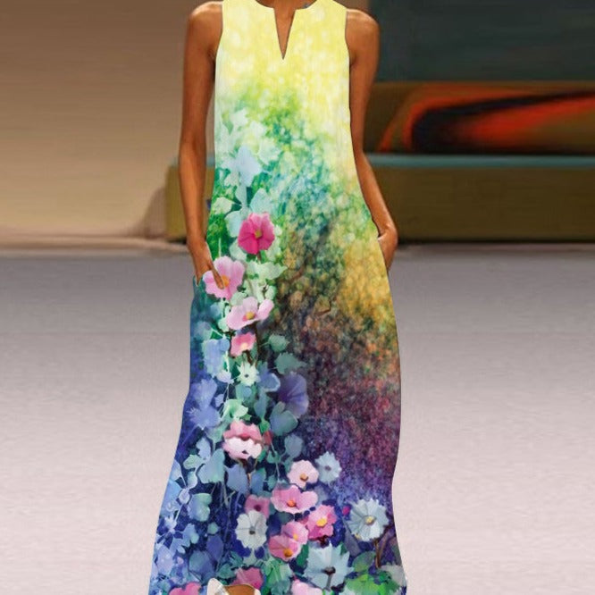Women's Maxi Dress - Sleeveless V-Neck - Flowy Cotton Blend - Floral Print with Pockets