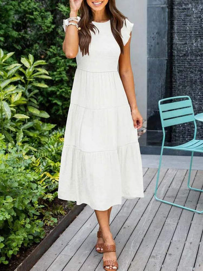 Women's Maxi Dress - Smocked Bodice - Cap Sleeves - Tiered Flowing Skirt - Lightweight Fit