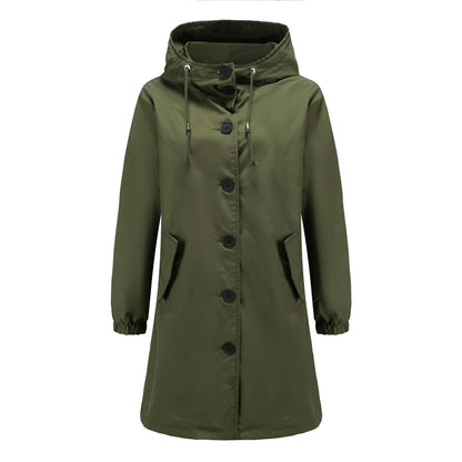Women’s Rain Jacket – Water-Resistant – Hooded – Button Front – Knee Length – Regular Fit