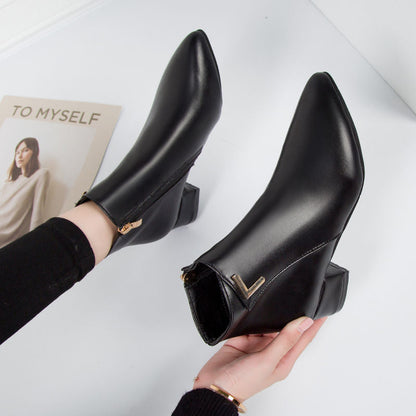 Women’s Ankle Boots – Leather – Pointed Toe – Block Heel – Side Zip – Sleek Fit