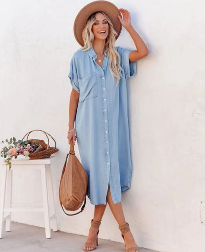 Women’s Shirt Dress – Relaxed Fit – Midi Length – Button Front – Breathable Blend
