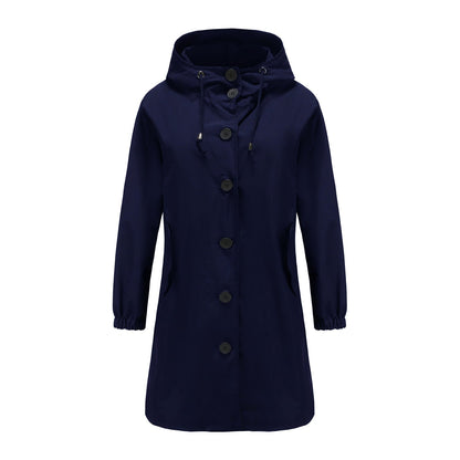 Women’s Rain Jacket – Water-Resistant – Hooded – Button Front – Knee Length – Regular Fit