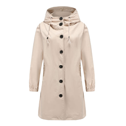 Women’s Rain Jacket – Water-Resistant – Hooded – Button Front – Knee Length – Regular Fit