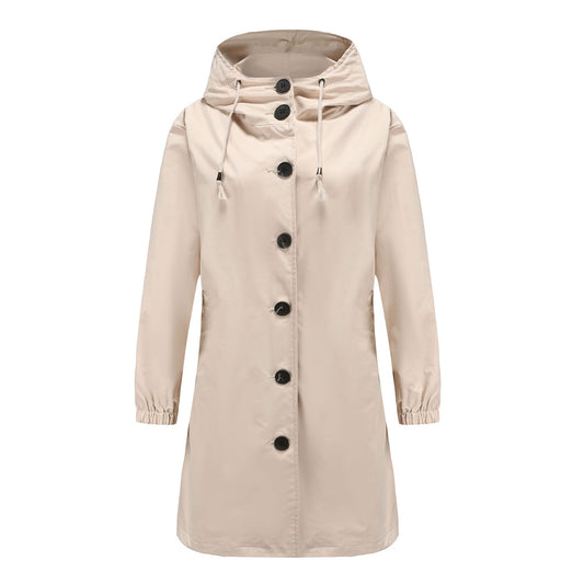 Women’s Rain Jacket – Water-Resistant – Hooded – Button Front – Knee Length – Regular Fit