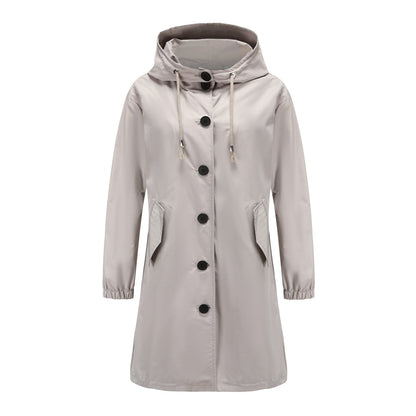 Women’s Rain Jacket – Water-Resistant – Hooded – Button Front – Knee Length – Regular Fit