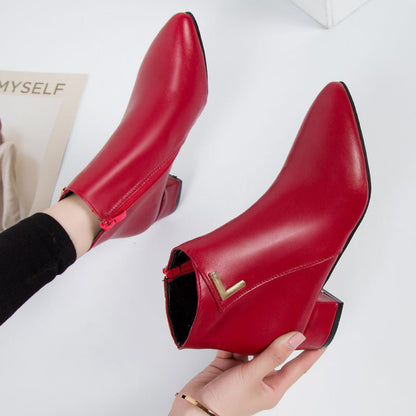 Women’s Ankle Boots – Leather – Pointed Toe – Block Heel – Side Zip – Sleek Fit