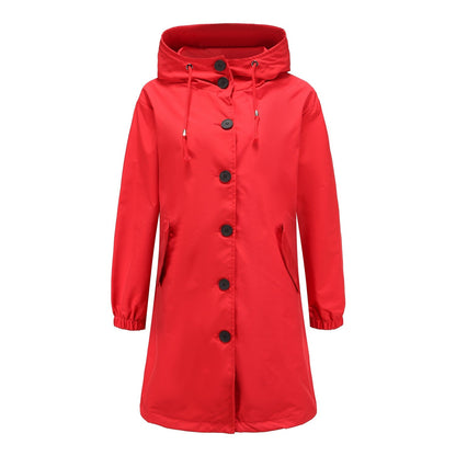 Women’s Rain Jacket – Water-Resistant – Hooded – Button Front – Knee Length – Regular Fit
