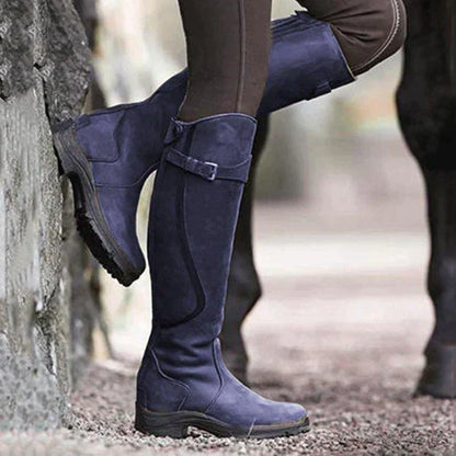 Women’s Knee-High Boots – Leather – Buckle Strap – Waterproof – Traction Sole