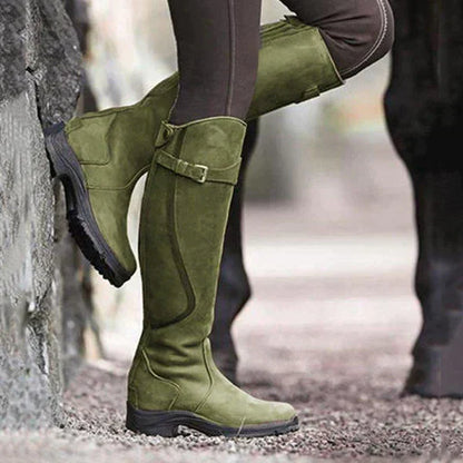 Women’s Knee-High Boots – Leather – Buckle Strap – Waterproof – Traction Sole