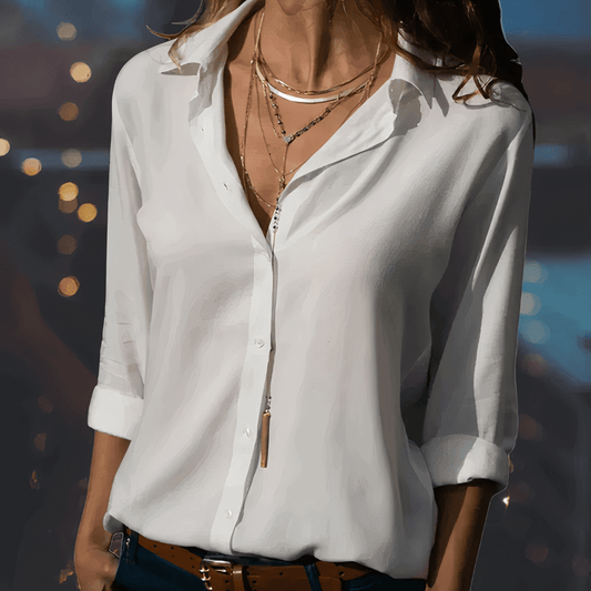 Women’s Blouse – Relaxed Fit – Button-Up Front – Three-Quarter Sleeve – Lightweight Draped