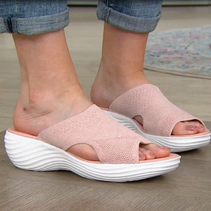 Women’s Slip-On Sandals – Soft Knit Upper – Cushioned Sole – Open Toe Casual Fit