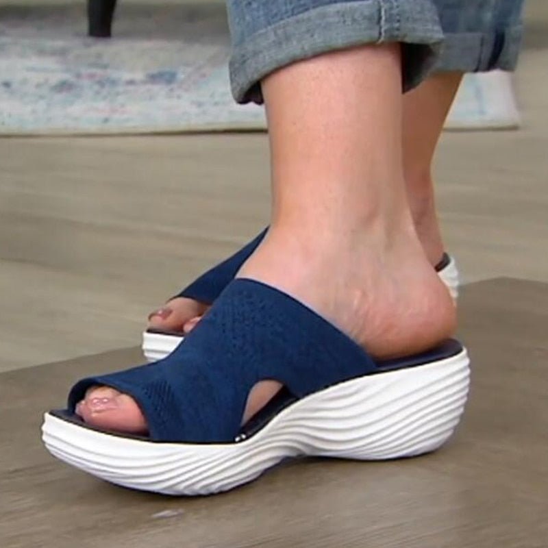 Women’s Slip-On Sandals – Soft Knit Upper – Cushioned Sole – Open Toe Casual Fit