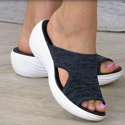 Women’s Slip-On Sandals – Soft Knit Upper – Cushioned Sole – Open Toe Casual Fit
