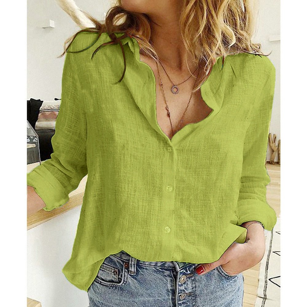 Women’s Blouse – Relaxed Fit – Cotton Blend – Button-Down – Rolled Sleeves