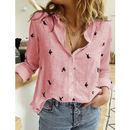 Women’s Blouse – Relaxed Fit – Cotton Blend – Button-Down – Rolled Sleeves