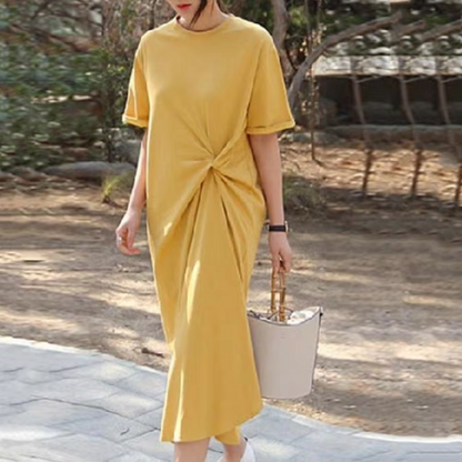 Women's Midi Dress - Short Sleeve - Round Neck - Side Pleated Detail - Relaxed Fit