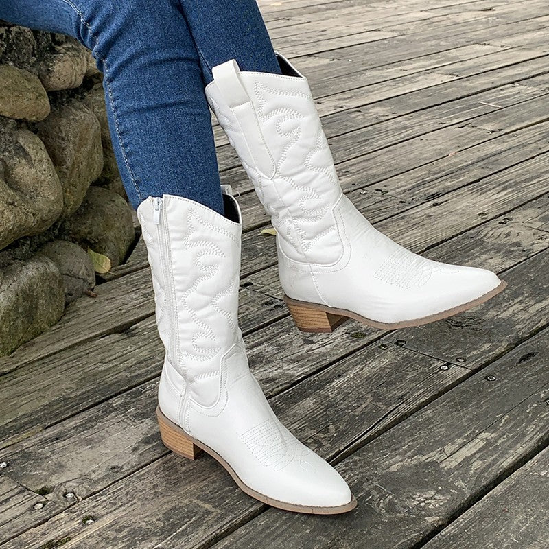 Women’s Cowboy Boots – Mid Calf Fit – Decorative Stitching – Side Zipper – Low Heel
