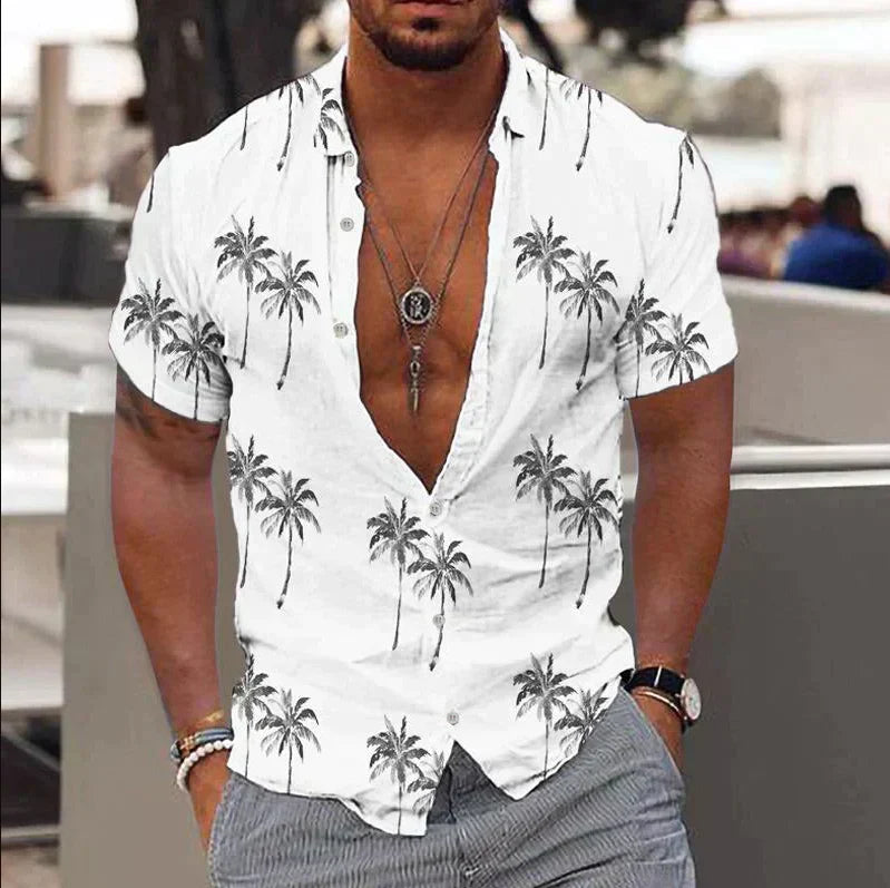 Men’s Short Sleeve Shirt – Relaxed Fit – Tropical Print – Button-Down – Natural Fibers