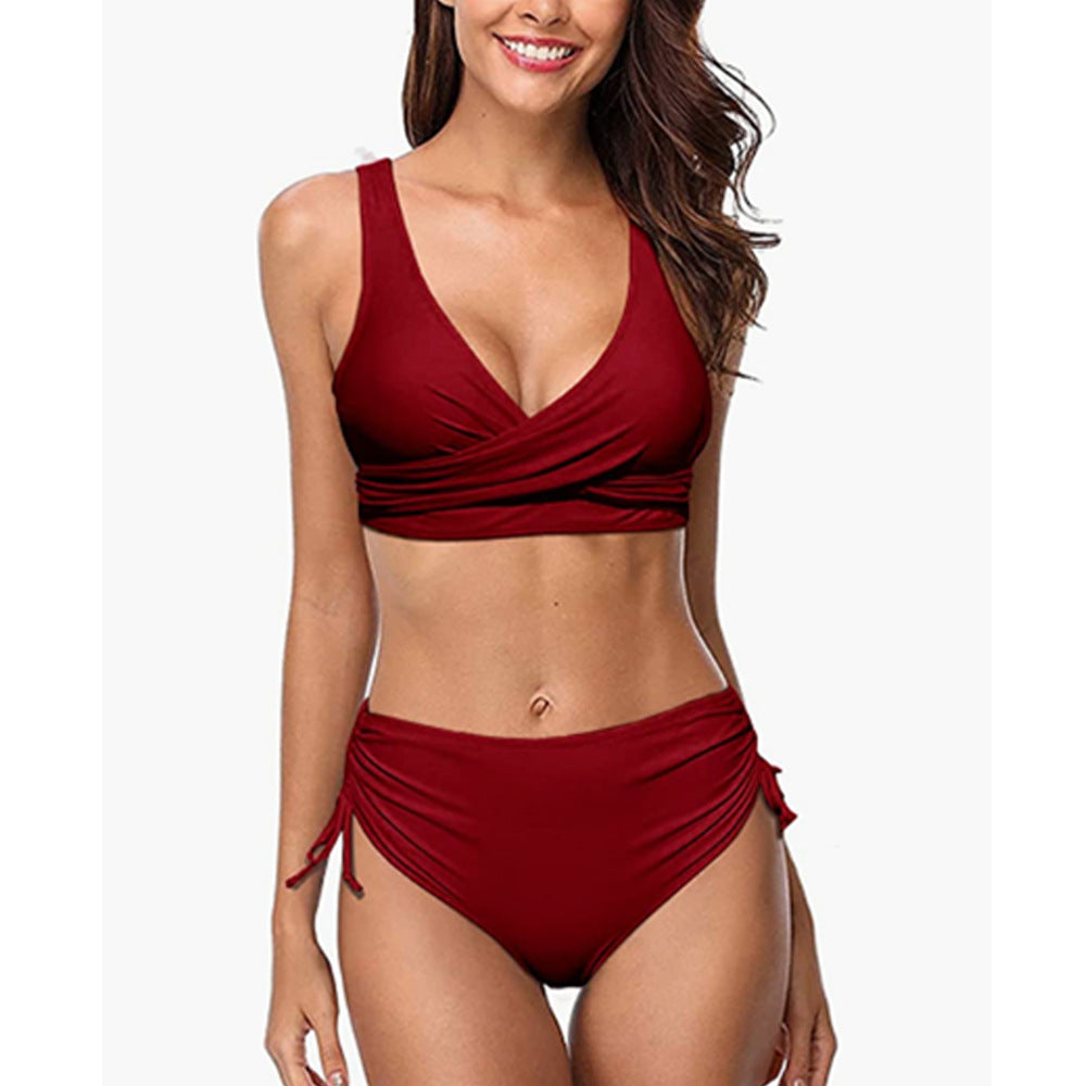 Women’s Bikini Set – V-Neck Wrap Top – High Waist Ruched Bottom – Stretch Fabric