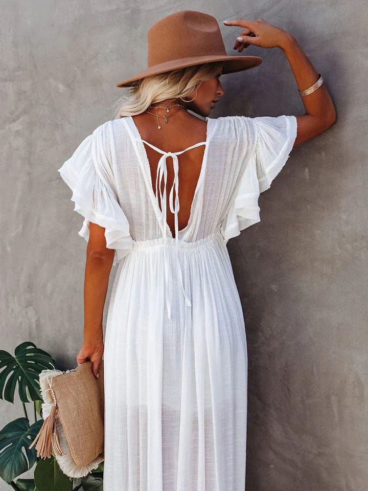 Women’s Maxi Dress – Lightweight Cotton Blend – Puff Sleeve – V-Neck Boho Fit