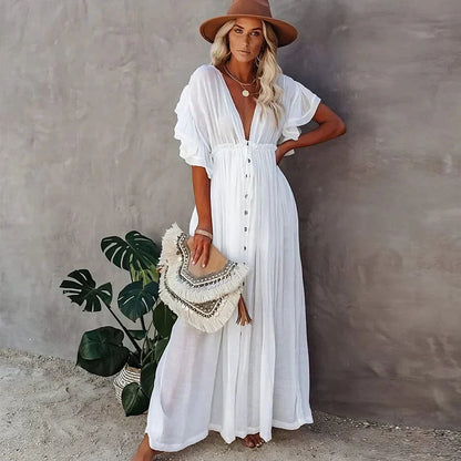 Women’s Maxi Dress – Lightweight Cotton Blend – Puff Sleeve – V-Neck Boho Fit