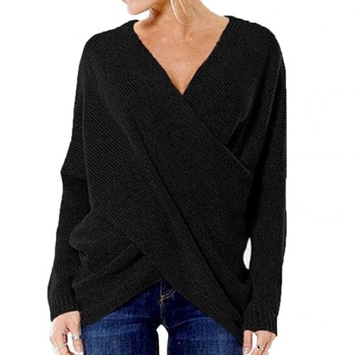 Women’s Pullover Sweater – Relaxed Fit – Wool Blend – Ribbed Knit – Crossover V-Neck