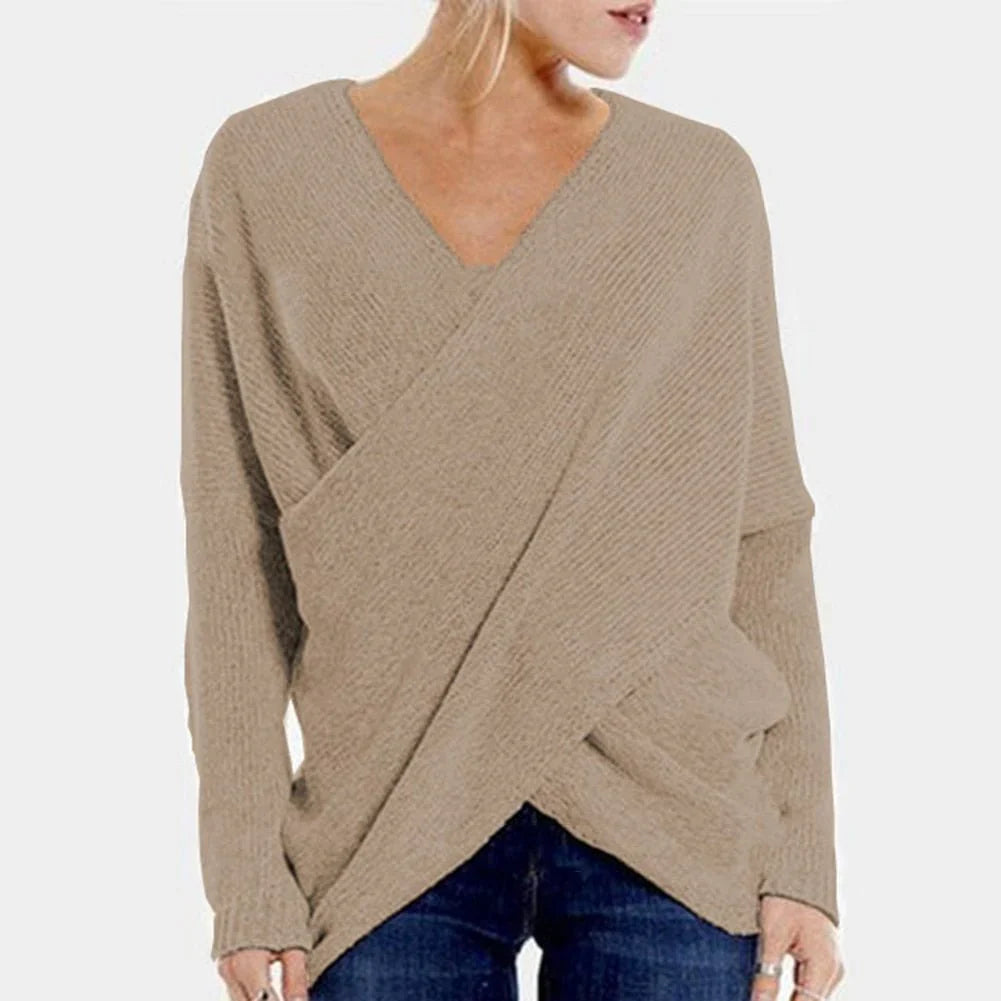 Women’s Pullover Sweater – Relaxed Fit – Wool Blend – Ribbed Knit – Crossover V-Neck