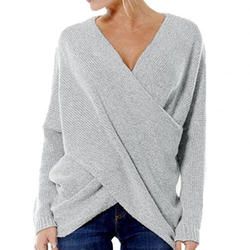 Women’s Pullover Sweater – Relaxed Fit – Wool Blend – Ribbed Knit – Crossover V-Neck