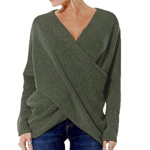 Women’s Pullover Sweater – Relaxed Fit – Wool Blend – Ribbed Knit – Crossover V-Neck
