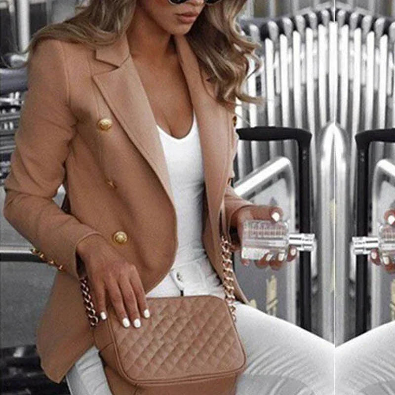Women’s Blazer – Tailored Fit – Double-Breasted Wool Look – Gold Button Detail