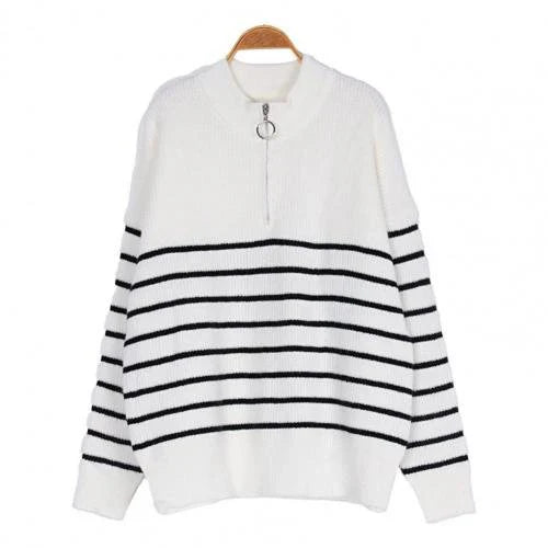 Women’s Knit Pullover – Relaxed Fit – Ribbed Texture – Zip Collar – Striped Sleeve