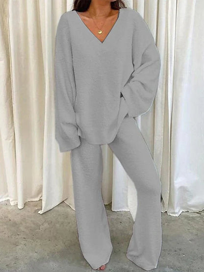 Women’s Lounge Set – Soft Knit – V-Neck Long Sleeve Top – Relaxed Fit Pants