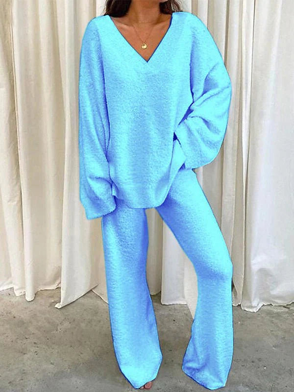 Women’s Lounge Set – Soft Knit – V-Neck Long Sleeve Top – Relaxed Fit Pants